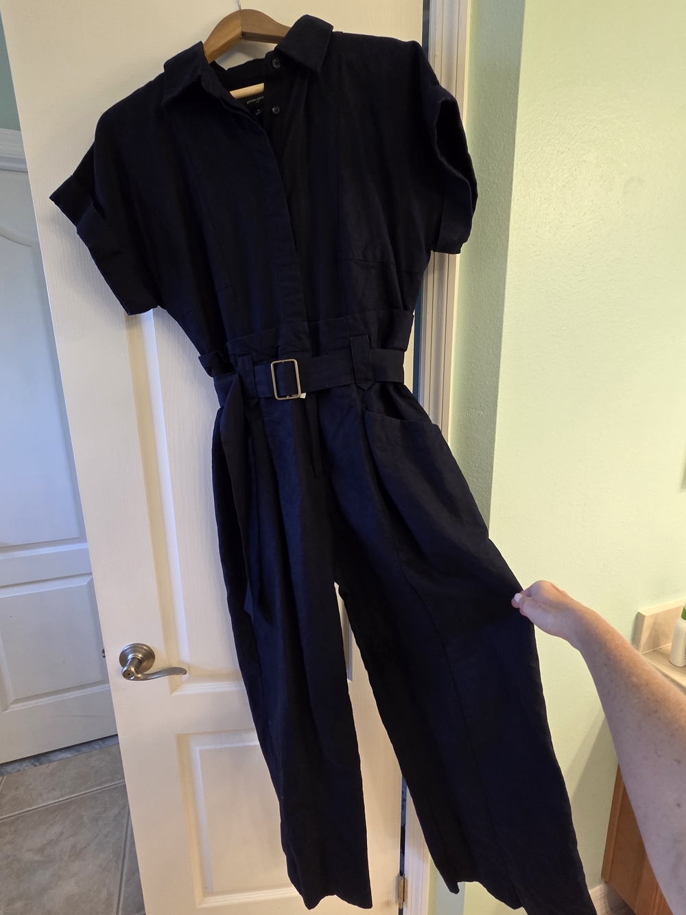Banana Republic Navy Short-Sleeve Belted Jumpsuit
